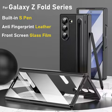 Leather S Pen Phone Case for Galaxy Z Fold6 Fold5 Hinge Protection & Built-in Screen Protector Phone
