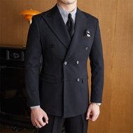 Mr. Lusan Gentleman Retro Sunken Stripe Slim Double-Breasted Suit Banquet Business Leisure Commute Suit Men