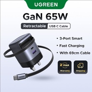 【Retractable Cable Charger】UGREEN 65W 3 Ports GaN Retractable Cable USB A USB C Fast Charger for iPh