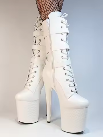 White Python Pattern 20cm Women Ankle Boots Stripper Gothic Belt Buckle Pole Dance Heels Thin High H