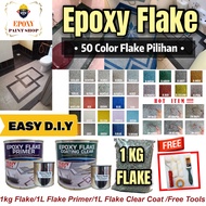 Epoxy Flake Coating Full Set (1L Flake Primer + 1L Flake Clear Coat + 1KG Color Flake + Free Tools) 50 Color Flake Available Cat Lantai/Tandas/TIles/Kitchen/Concrete Surface Heavy Duty Epoxy Color Flake