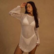 ชุดเดรสสเวตเตอร์มินิแขนยาวถักชายระบาย แขนบาน ชายเสื้อตัววี Ibiza Outfit, สำหรับวันหยุด, ฤดูใบไม้ผลิ,