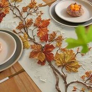 1pc Autumn Table Runner - Realistic Fall Leaves In Brown, Orange, Yellow, Red, Green On Beige - Eleg