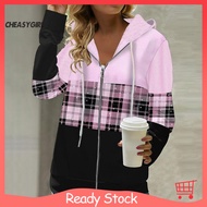 [chea]   Women Plaid Hoodie Stylish Fall Jacket for Women Autumn Women Hoodies Plaid Zipper Cardigan