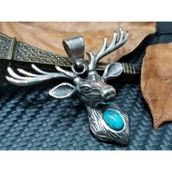 Stainless steel Dear Head Antler Inlay Turquoise Stone men's pendant