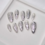 Fake Nails/Fake Nails/Press On Nails/Handmade - Silver Metallic Y2K