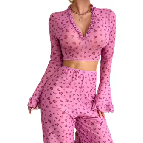 Romantic Pink Pajama Suit Ruffle V Neck Top Long Sleeve Loose Leg Trousers Ladies Bedroom Anniversar