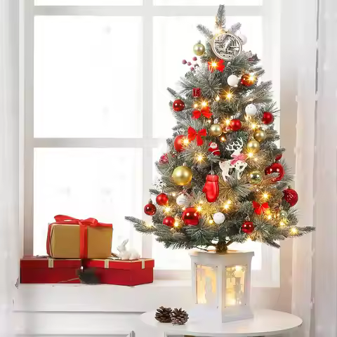3FT Prelit Artificial Christmas Tree with Lights 3 Foot Artificial Christmas Tree with Snowflake Bas