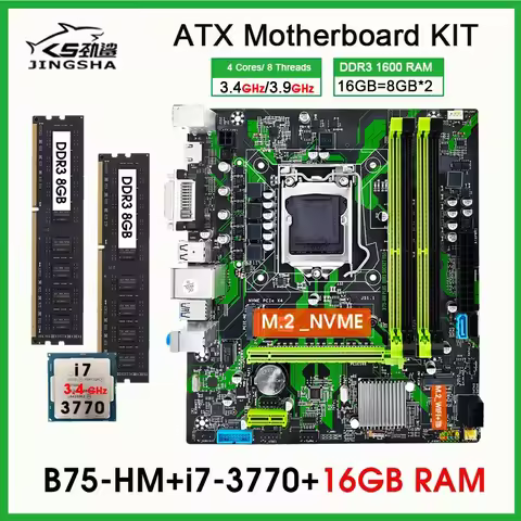 B75 Motherboard LGA 1155 Kit with Core i7 3770 processor and 2*8G=16GB DDR3 PC Memory B75 placa mae 