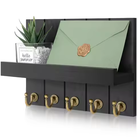 Wall Mounted Mail Holder Wooden Key Holder Rack Mail Organizer with 5Key Hooks Rustic Home Decor for