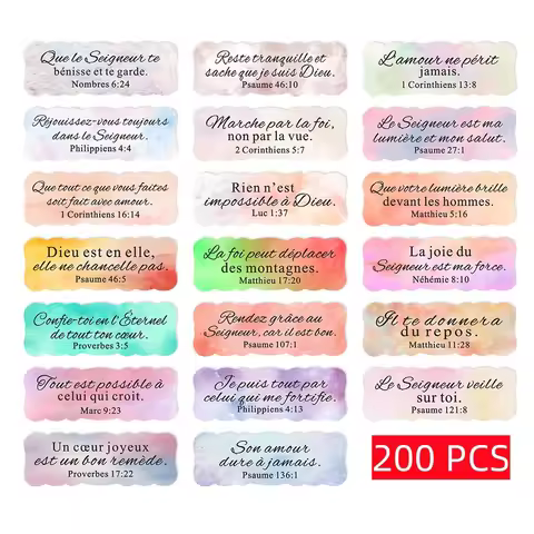 200 Pcs French Bible Verse Stickers – Inspirational Scripture Stickers with Watercolor Design, Faith