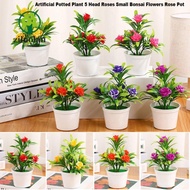 ZILUOLAN Artificial Potted Plant, 6 Colors Plastic 5 Head Roses,  12*17cm Simulated Tree Ornaments W