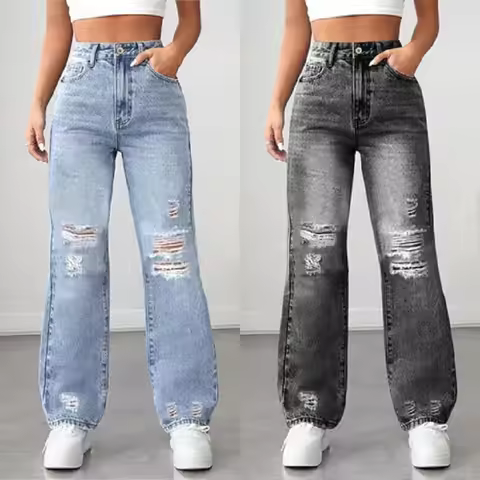 Women Straight Denim Jeans Ladies High Waist Ripped Hole Streetwear Baggy Pants