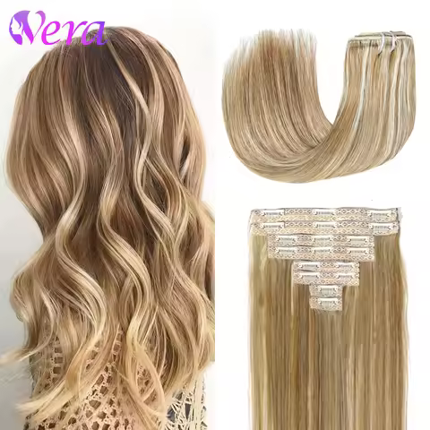 Straight Clip In Hair Extensions 8pcs With 18 Clips Real Human Hair Clip Ins Double Weft #8/613 Ash 