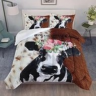 AILONEN Dairy Cattle Comforter Set for Kids Girls Boys Teens Queen Size, 3D Oil Painting and Flowers