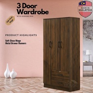 MYHOUSE Furniture 3 Door Wardrobe Clothes 2 Drawer Cupboard Storage Cabinet with Hanging Rod Almari Baju murah 3 pintu Bilik Tidur Perabot Rak Baju Almari Kabinet 3 Door 2 Drawer Bedroom Furniture Storage Cabinet 3 Door Brown Color