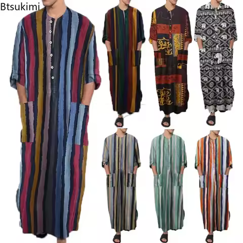 Men's Nightgown Robes Arabian Striped Shirt Ethnic Clothing Long Sleeves Retro Kimono House Skirt Co