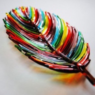 Abstract fused glass dish feather, unique glass tableware.