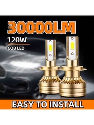 2入組led H1/h4/h11/9005/9006/h7前大燈燈泡,30000lm卤素燈改裝升級套件,h4高/低光束,6000k冷白,120w,進口cob晶片,超聚焦光束模式,12-24v Ip68防水,內置高速渦輪冷卻風扇,與外置驅動器模塊集成,即插即用