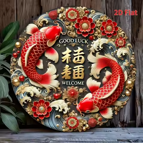 Good Luck Koi Fish Wall Decor - 2D Flat Iron 8x8", Dual Red & Black Patterns, Perfect for Home Offic