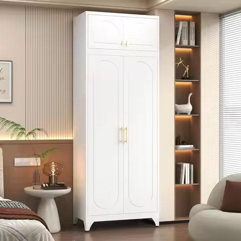 Armoire Wardrobe Closet with Hanging Rod, Tall Metal Wardrobe Cabinet, Metal Armoire with Doors, Lar