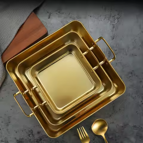 Stainless Steel Square Food Serving Trays Binaural Handle Korean Tiramisu Tray Gold/Silver Flat Bott