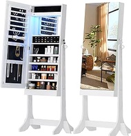 SogesHome Jewelry Armoire Cabinet with Mirror, Free Standing Jewelry Cabinet Jewelry Holder Organizer Storage Cabinet with Inner LED Light, Mirrored Dressing Storage for Bedroom, Living-room