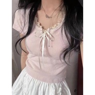 2024 summer short sleeve T-shirt women's Korean version sweet bow lace trim top