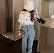 Cream Embroidered Floral Short Sleeve T-shirt 冰絲薄款短袖 T shirt