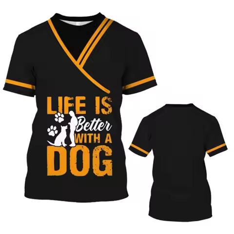 Pet Store Funny Uniform Animal Dog Groomer 3D Print T Shirts Work Clothing Daily Casual Round Neck T
