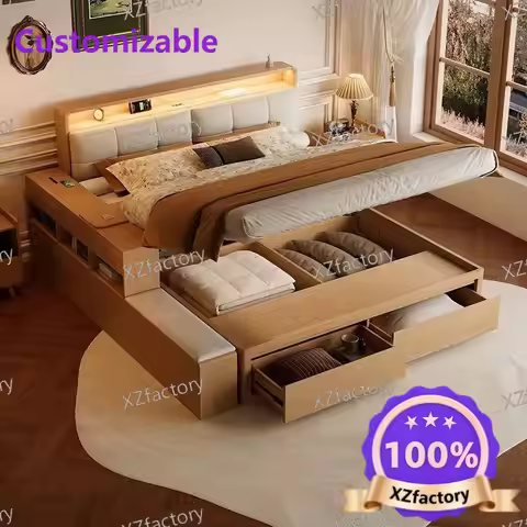 1.8m Solid Oak Bed with High Box Storage, Modern Minimalist Double Bed for Master Bedroom