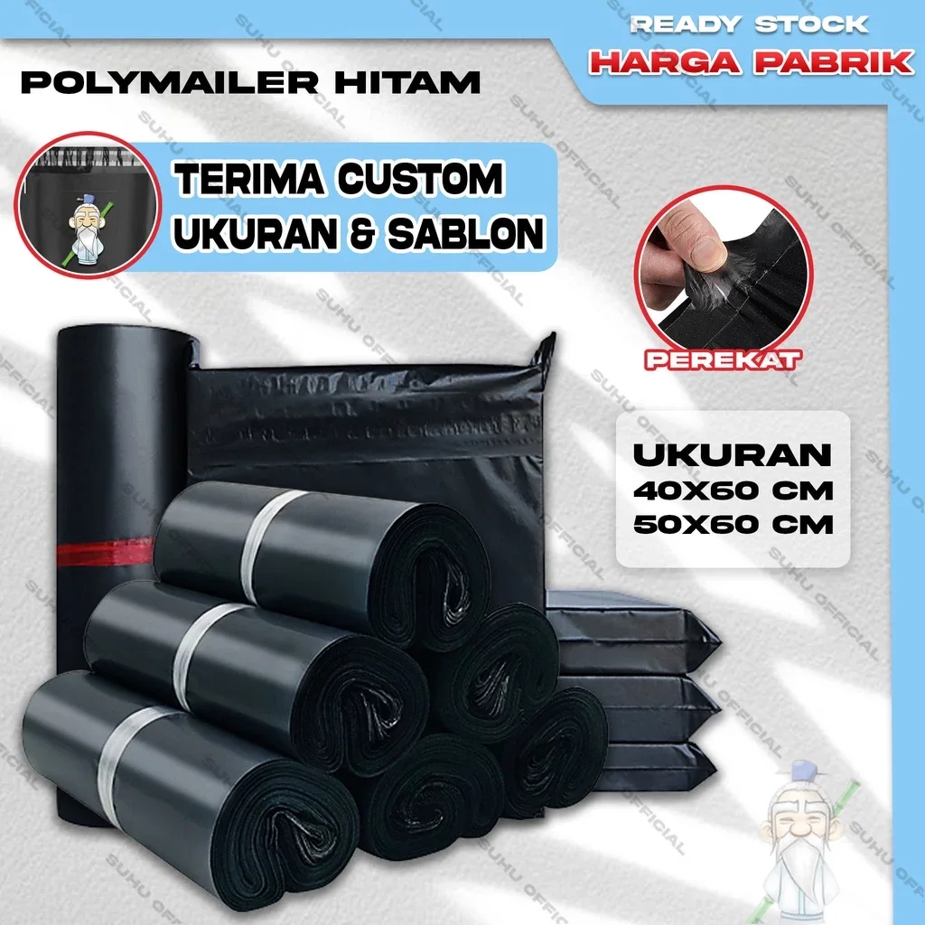 Polymailer Hitam 50x60 CM Super Glossy Isi 50Lbr Plastik Packing Online Shop Ada Lem Perekat