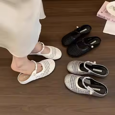 Women Woven Mules Summer Home Hollow Out Breathable Flat Sandals Elegant Closed Toe Slip On Outdoor 