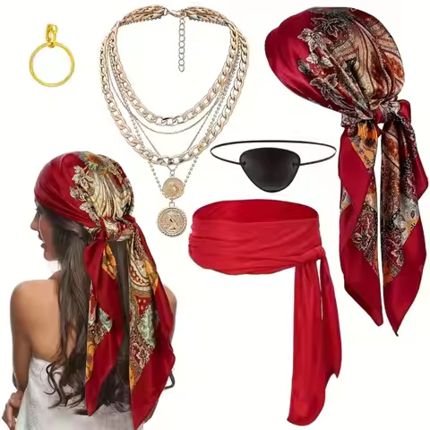 Waist Belt Pirate Costume Accessories with Necklace Eye Mask Pirate Bandana Hat Headscarf Red/Black