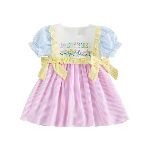 1-4T Kids Girls Father’s Day Dress Summer Letter Floral Embroidery Striped Short Sleeve Dress for To
