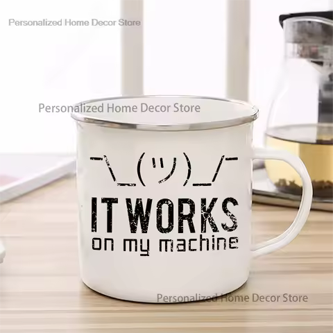 Vintage Enamel cup It Works On My Machine mug Face Print Funny Programmer Coffee Cup IT Worker Humor