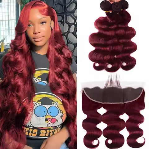 99J Burgundy Human Hair 3 Bundles with 13×4 Lace Frontal Body Wave 99J Burgundy Pre Plucked Frontal 
