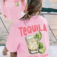 Plus Size Women's Summer Letter And Beverage Print Round Neck Short Sleeved T-Shirt With Pattern T-S