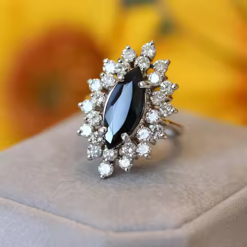Laxury 1.5ct 12x6MM Black Marquise Cut Moissanite Ring Solarite with Round Brilliant Cut Lab Diamond