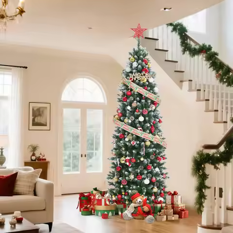 12ft Pre-Lit Flocked Slim Pencil Christmas Tree with 700 Warm White LEDs, 60 Pine Cones & Collapsibl