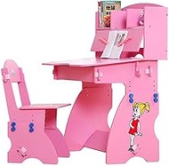 ZOUJUN Kids Desk and Chair Sets,Height Adjustable Student Study Table with Chair Ergonomic Winged Backrest,Wooden Children Writing Table w/Bookshelf (Color : Pink)