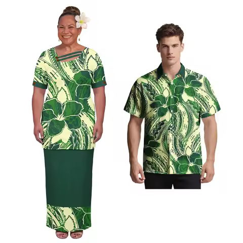 Samoa Tribe Couple Set Polynesian Women's Pletasy Dress High Quality Pattern Customized Men's Aloha 