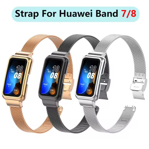 Suitable for Huawei Band 7 & 8, Stainless Steel Mesh, Slide Buckle Strap, Metal Case for Huawei Band