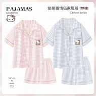 日系格子卡通凯蒂猫印花云朵棉短袖短裤家居服情侣睡衣两件套装5.28 Japanese-style plaid cartoon Hello Kitty printed cloud cotton shor