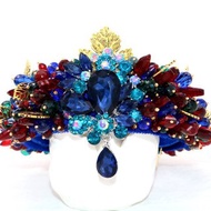 Blue crystals crown Beaded handmade tiara Multicolor royal diadem Bridal crown