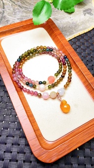 原創手工客製天然碧璽三圈手鏈  色澤油潤  配天然南紅回紋珠