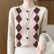 Women Argyle Knit Cardigan Sweater Loose Long Sleeve Button Down Casual Outerwear Top