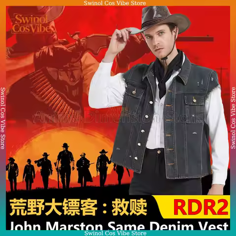 Game RDR2 John Marston Cosplay Costumes Denim Vest Western Gunslinger Coat For Men Women