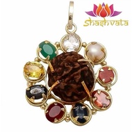 Shashvata Synthetic Navratna & Authentic 5 Mukhi Rudraksha Pendant with 1gm Gold Plated Chain