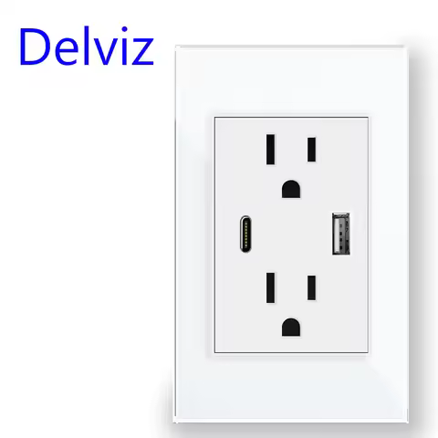 Delviz US Standard USB Socket, USBA+USBC 5V 2A Port ,120mm*72mm panel,15A Electric plug Outlet,Wall 